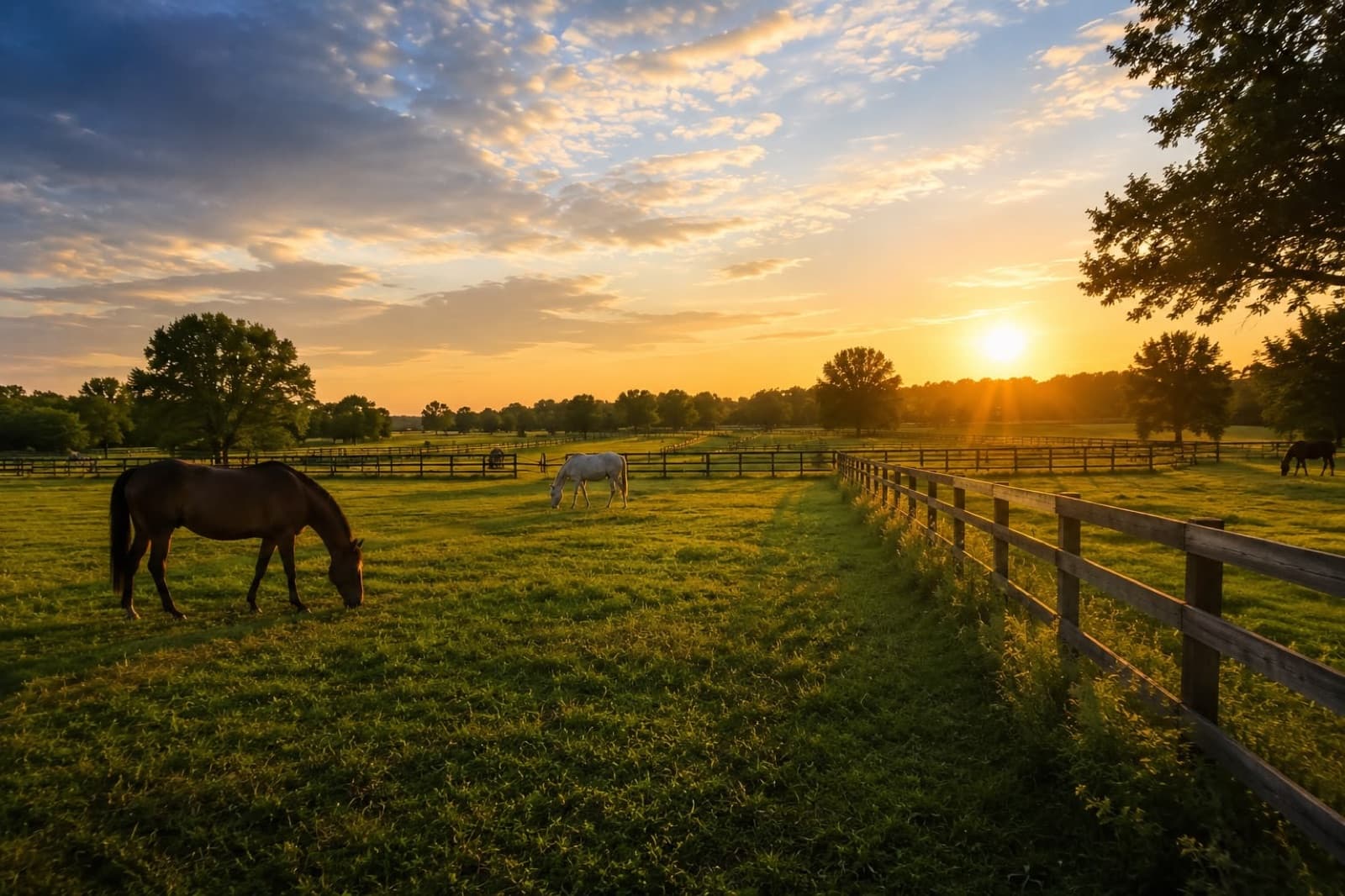 Les prés du Haras Altyn au soleil couchant, en Bourgogne